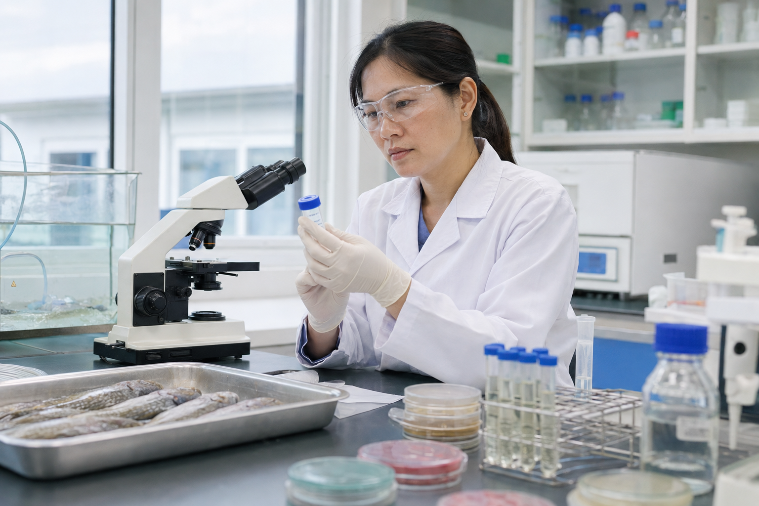 Chuyên viên phòng thí nghiệm chẩn đoán bệnh thủy sản