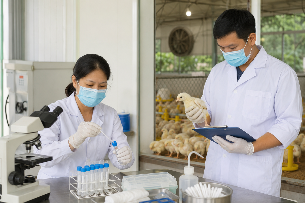 Chuyên viên thú y lấy mẫu và đánh giá chương trình vaccine cho gia cầm