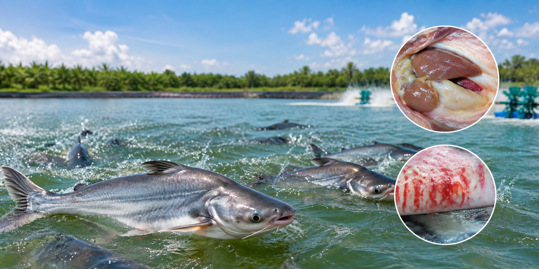 Pangasius and basa fish with suppurative liver and kidney disease and hemorrhage