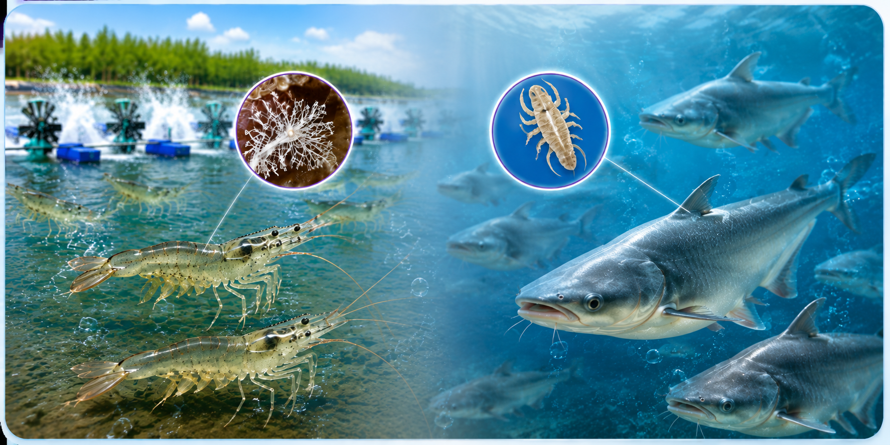 Fungal infections and external parasites in shrimp and fish