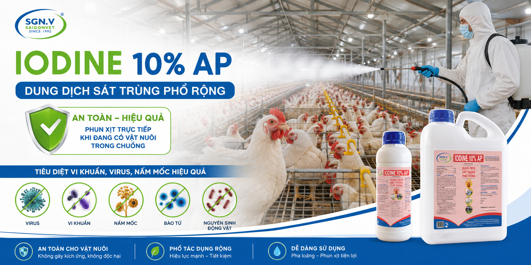 IODINE 10% AP - sát trùng chuồng trại ngay cả khi đang có vật nuôi trong chuồng