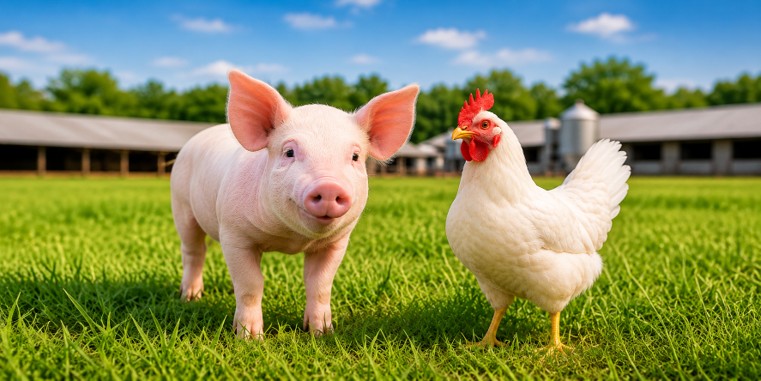 Heo và gà khỏe mạnh trên nông trại