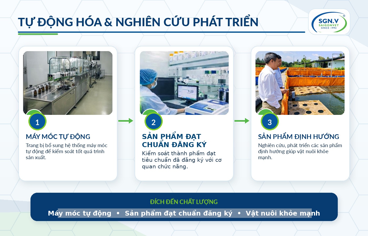 Minh họa máy móc tự động, nghiên cứu sản phẩm không sử dụng kháng sinh và sản phẩm định hướng giúp vật nuôi khỏe mạnh